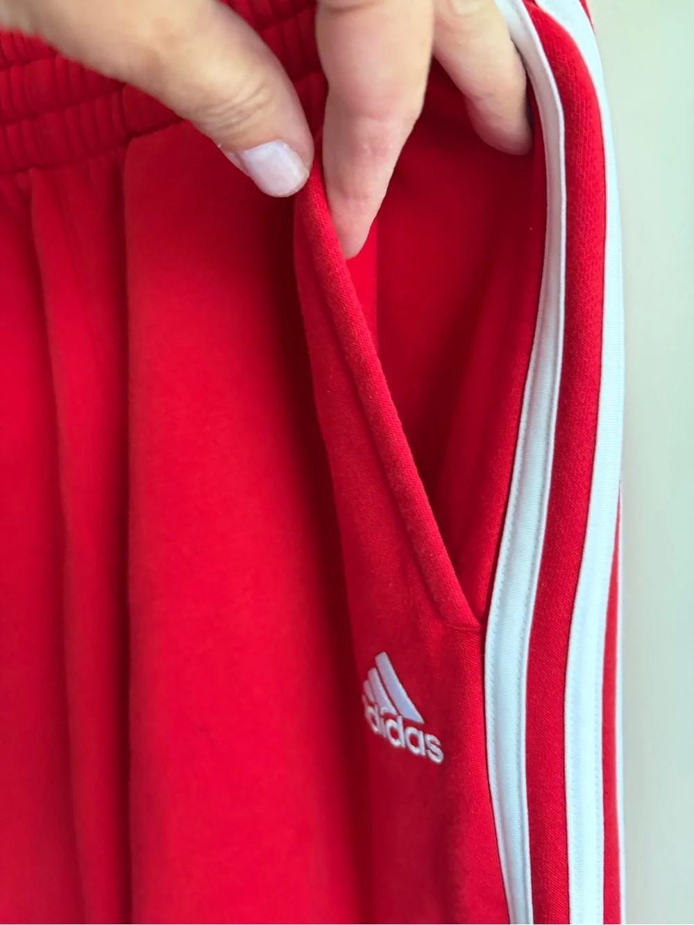 adidas Red size 14/16 Joggers with White Side Stripes. Like new! Soft. Sporty.